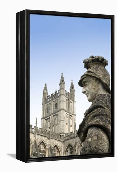 Bath Abbey and a Roman Statue in the Roman Baths, Bath, Somerset, England, United Kingdom-Alex Robinson-Framed Premier Image Canvas