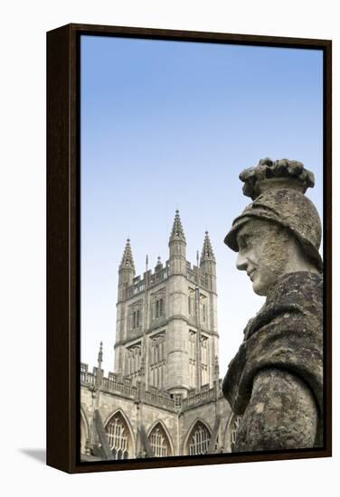 Bath Abbey and a Roman Statue in the Roman Baths, Bath, Somerset, England, United Kingdom-Alex Robinson-Framed Premier Image Canvas