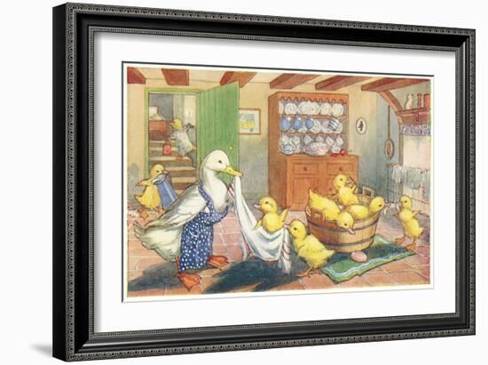 Bath Day for Ducklings-null-Framed Art Print