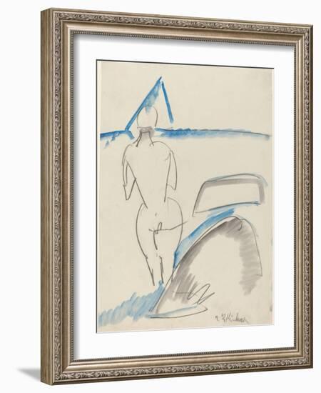 Bather on the Beach, 1912-13 (Black Crayon with Blue and Gray Wash)-Ernst Ludwig Kirchner-Framed Giclee Print