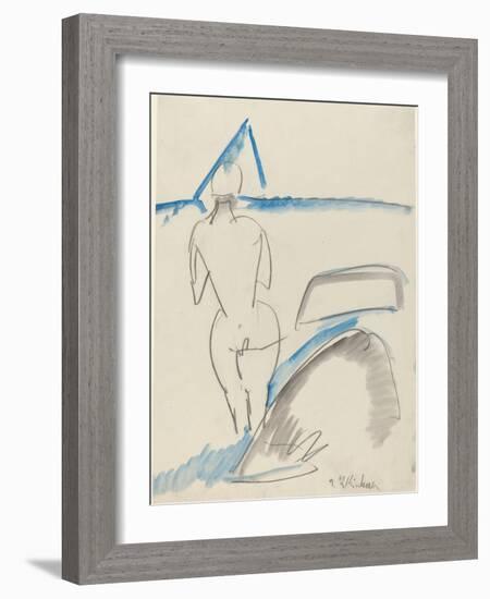 Bather on the Beach, 1912-13 (Black Crayon with Blue and Gray Wash)-Ernst Ludwig Kirchner-Framed Giclee Print