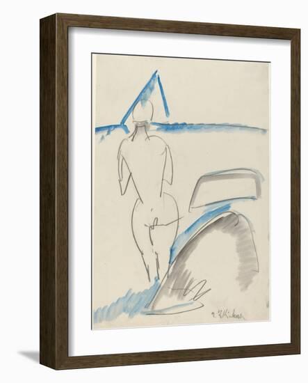 Bather on the Beach, 1912-13 (Black Crayon with Blue and Gray Wash)-Ernst Ludwig Kirchner-Framed Giclee Print