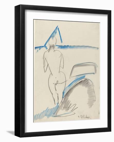 Bather on the Beach, 1912-13 (Black Crayon with Blue and Gray Wash)-Ernst Ludwig Kirchner-Framed Giclee Print