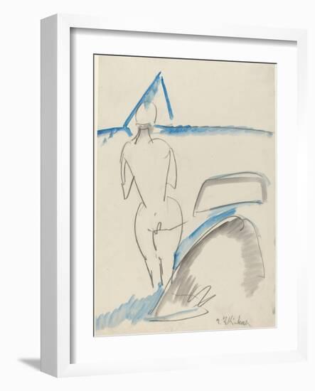 Bather on the Beach, 1912-13 (Black Crayon with Blue and Gray Wash)-Ernst Ludwig Kirchner-Framed Giclee Print