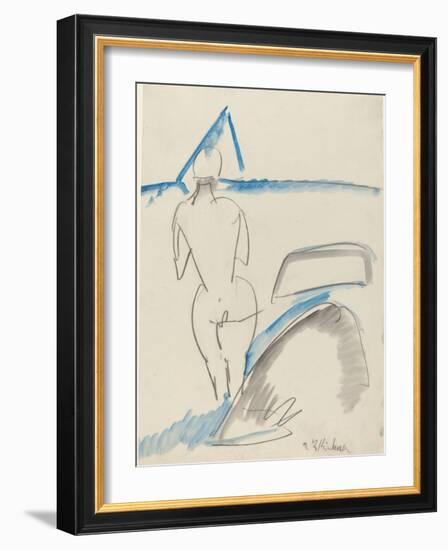 Bather on the Beach, 1912-13 (Black Crayon with Blue and Gray Wash)-Ernst Ludwig Kirchner-Framed Giclee Print