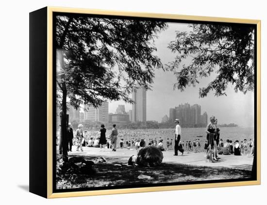 Bathers and Strollers Enjoying a Fine Day at Oak Street Beach-null-Framed Premier Image Canvas