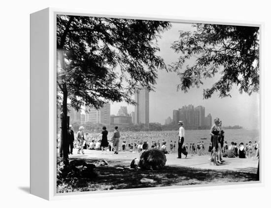 Bathers and Strollers Enjoying a Fine Day at Oak Street Beach-null-Framed Premier Image Canvas