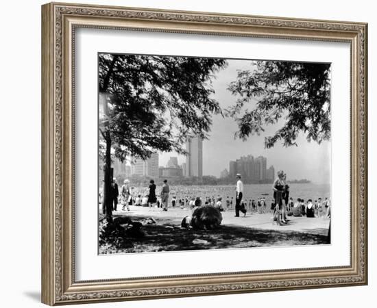 Bathers and Strollers Enjoying a Fine Day at Oak Street Beach-null-Framed Photographic Print