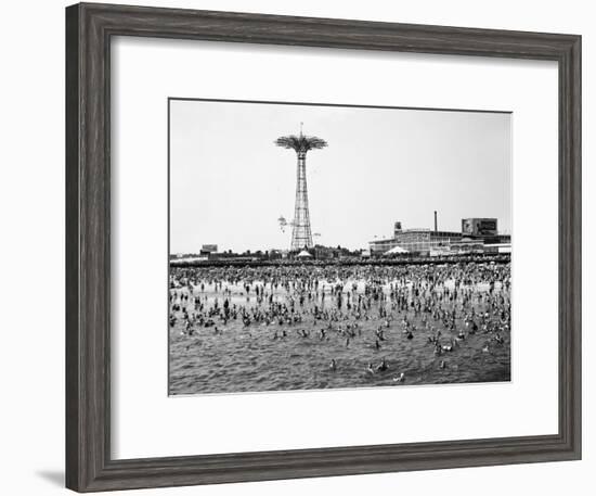 Bathers Enjoying Coney Island Beaches. Parachute Ride and Steeplechase Park Visible in the Rear-Margaret Bourke-White-Framed Premium Photographic Print