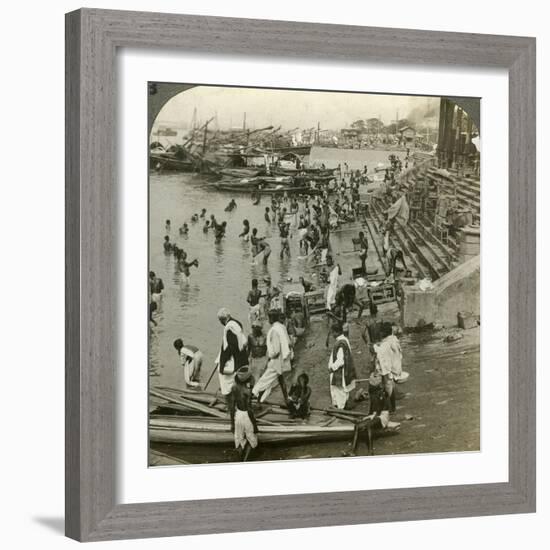 Bathing at a Ghat on the Ganges, Calcutta, India, C1900s-Underwood & Underwood-Framed Photographic Print