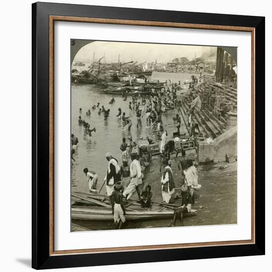 Bathing at a Ghat on the Ganges, Calcutta, India, C1900s-Underwood & Underwood-Framed Photographic Print