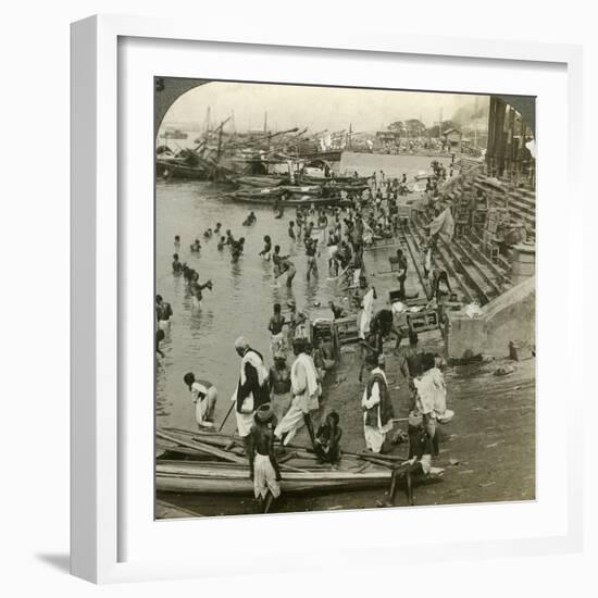 Bathing at a Ghat on the Ganges, Calcutta, India, C1900s-Underwood & Underwood-Framed Photographic Print