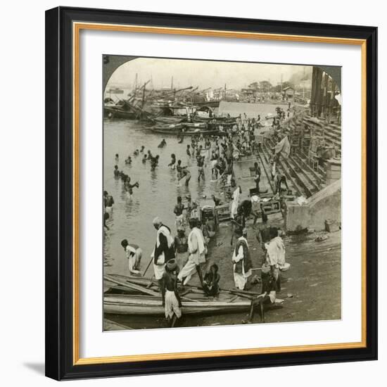 Bathing at a Ghat on the Ganges, Calcutta, India, C1900s-Underwood & Underwood-Framed Photographic Print