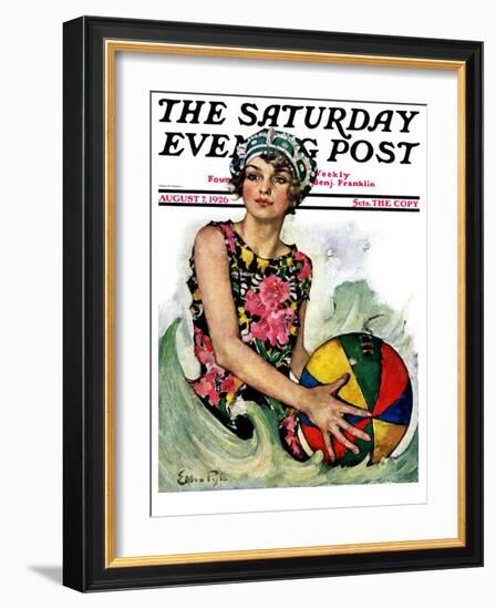 "Bathing Beauty and Beach Ball," Saturday Evening Post Cover, August 7, 1926-Ellen Pyle-Framed Giclee Print