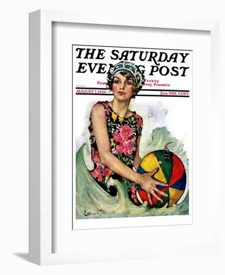 "Bathing Beauty and Beach Ball," Saturday Evening Post Cover, August 7, 1926-Ellen Pyle-Framed Giclee Print