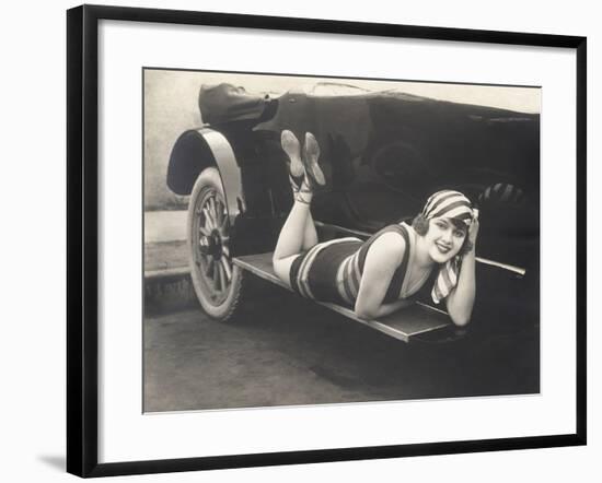 Bathing Beauty Posing on Running Board of Convertible-null-Framed Photo