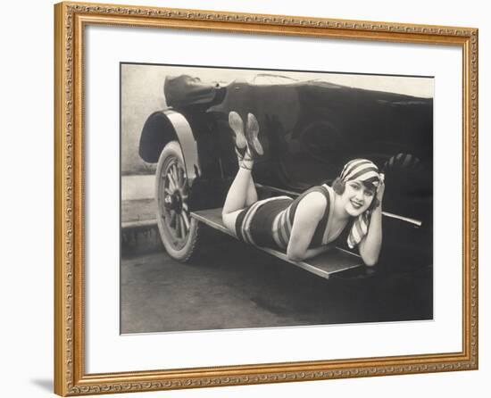 Bathing Beauty Posing on Running Board of Convertible-null-Framed Photo