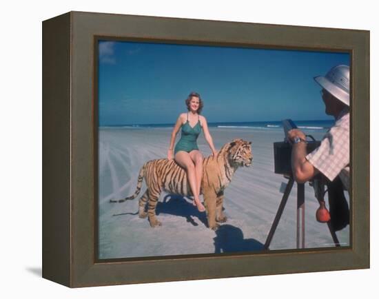 Bathing Beauty Sitting on Back of Large Tiger on Beach as Photographer Sets Up Camera-Eliot Elisofon-Framed Premier Image Canvas