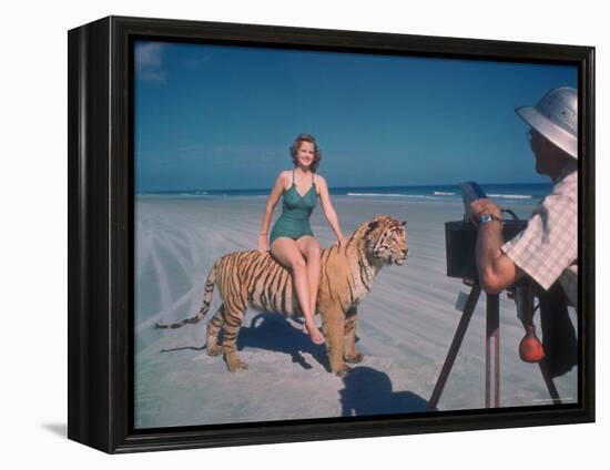 Bathing Beauty Sitting on Back of Large Tiger on Beach as Photographer Sets Up Camera-Eliot Elisofon-Framed Premier Image Canvas