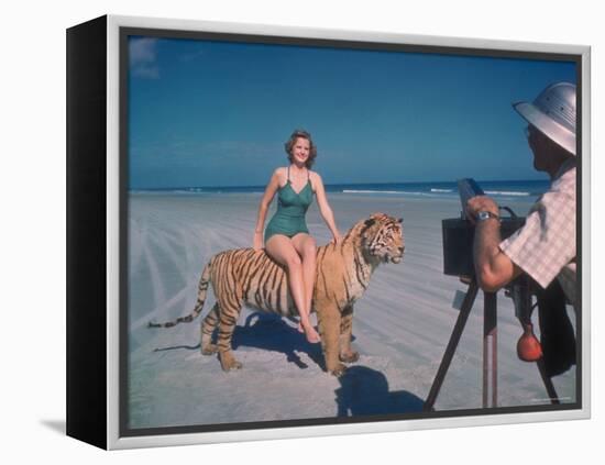 Bathing Beauty Sitting on Back of Large Tiger on Beach as Photographer Sets Up Camera-Eliot Elisofon-Framed Premier Image Canvas