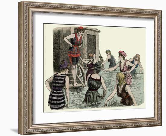 Bathing Machines and Women Paddling at the Beach-null-Framed Art Print