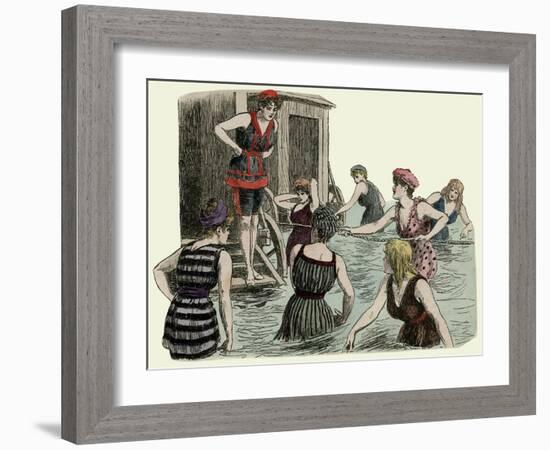 Bathing Machines and Women Paddling at the Beach-null-Framed Art Print