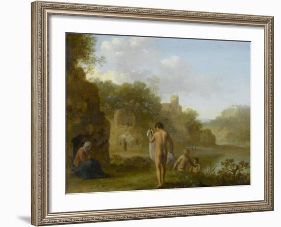 Bathing Men Watched by a Woman-Cornelis van Poelenburch-Framed Art Print