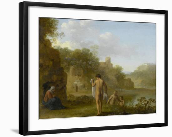 Bathing Men Watched by a Woman-Cornelis van Poelenburch-Framed Art Print