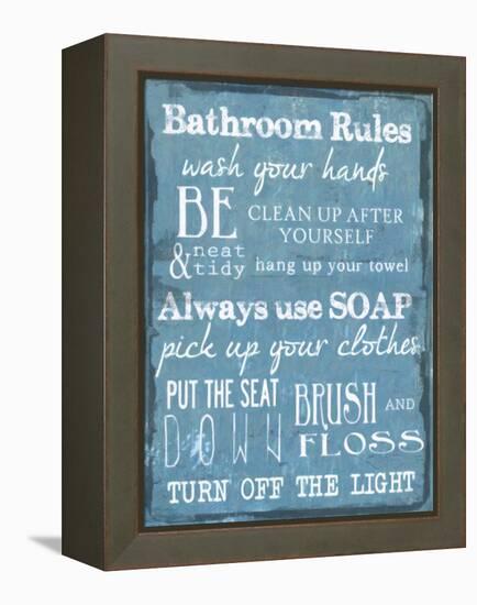 Bathroom Rules Blue-Taylor Greene-Framed Stretched Canvas