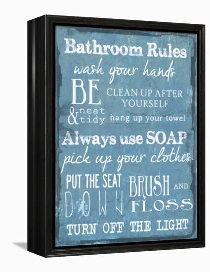 Bathroom Rules Blue-Taylor Greene-Framed Stretched Canvas