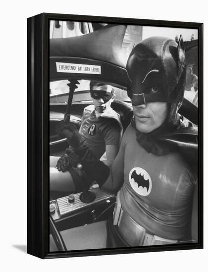 Batman Adam West and "Robin" Burt Ward in Bat Mobile, on Set During Shooting of Scene-Yale Joel-Framed Premier Image Canvas