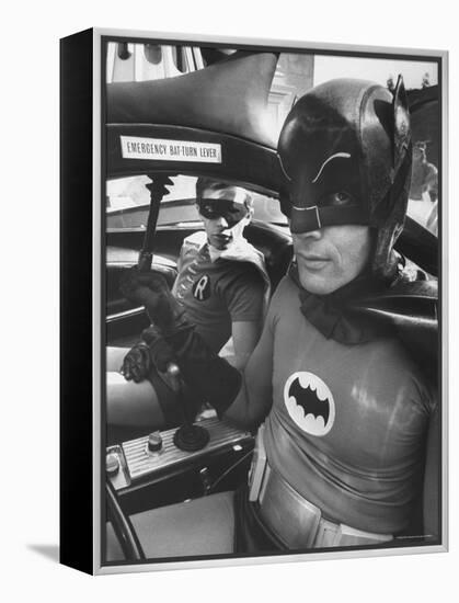 Batman Adam West and "Robin" Burt Ward in Bat Mobile, on Set During Shooting of Scene-Yale Joel-Framed Premier Image Canvas