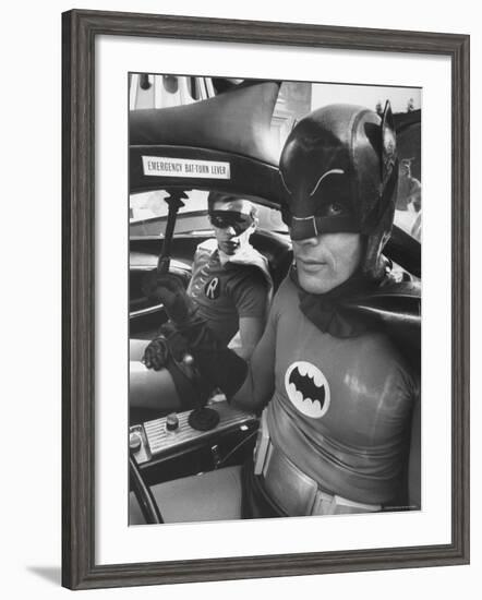 Batman Adam West and "Robin" Burt Ward in Bat Mobile, on Set During Shooting of Scene-Yale Joel-Framed Premium Photographic Print