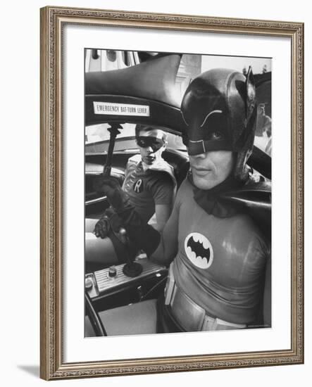 Batman Adam West and "Robin" Burt Ward in Bat Mobile, on Set During Shooting of Scene-Yale Joel-Framed Premium Photographic Print