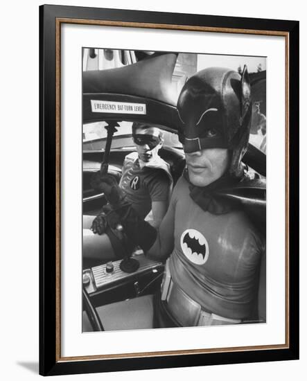 Batman Adam West and "Robin" Burt Ward in Bat Mobile, on Set During Shooting of Scene-Yale Joel-Framed Premium Photographic Print