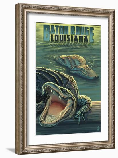 Baton Rouge, Louisiana - Alligator Scene-Lantern Press-Framed Art Print