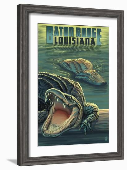 Baton Rouge, Louisiana - Alligator Scene-Lantern Press-Framed Art Print