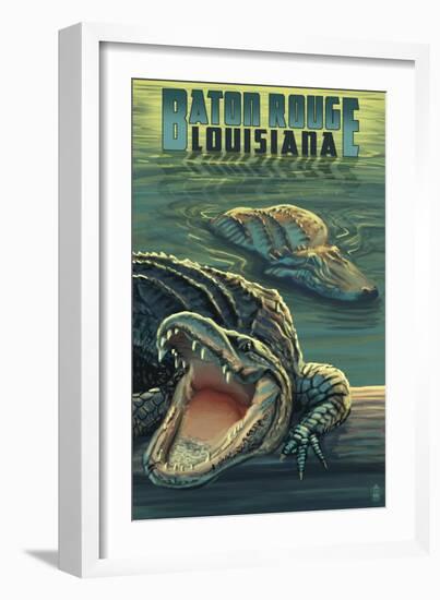 Baton Rouge, Louisiana - Alligator Scene-Lantern Press-Framed Art Print