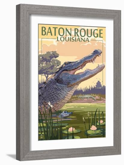 Baton Rouge, Louisiana - Alligator Scene-Lantern Press-Framed Art Print