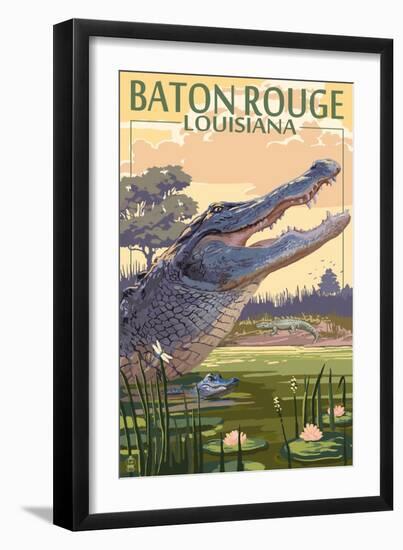 Baton Rouge, Louisiana - Alligator Scene-Lantern Press-Framed Art Print