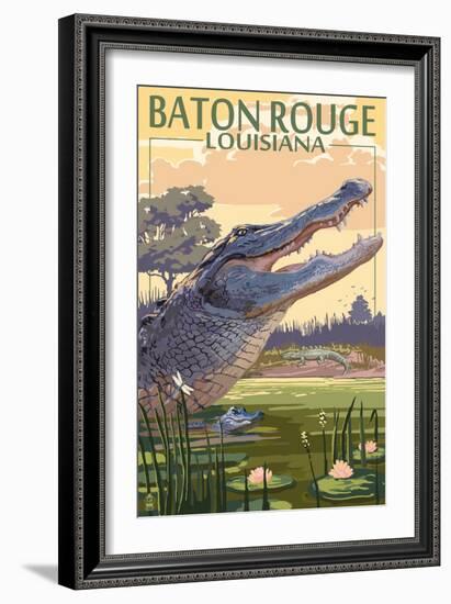 Baton Rouge, Louisiana - Alligator Scene-Lantern Press-Framed Art Print