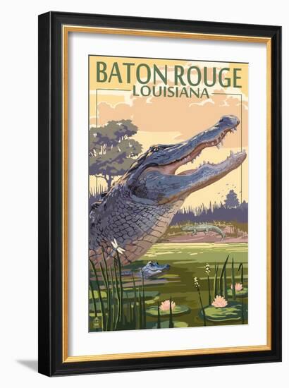 Baton Rouge, Louisiana - Alligator Scene-Lantern Press-Framed Art Print