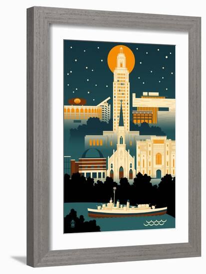 Baton Rouge, Louisiana - Retro Skyline (no text)-Lantern Press-Framed Art Print