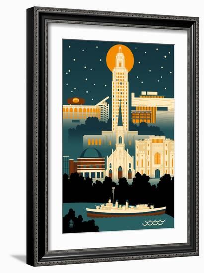 Baton Rouge, Louisiana - Retro Skyline (no text)-Lantern Press-Framed Art Print