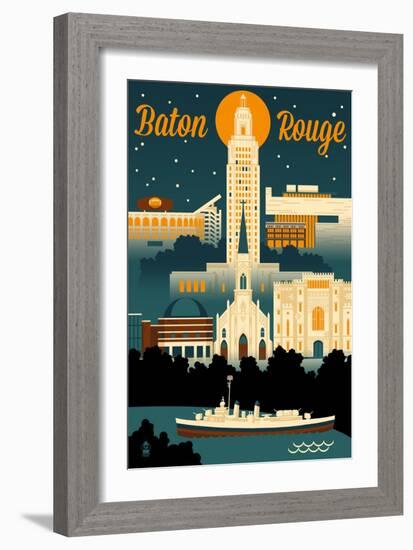 Baton Rouge, Louisiana - Retro Skyline-Lantern Press-Framed Art Print