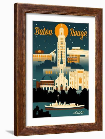 Baton Rouge, Louisiana - Retro Skyline-Lantern Press-Framed Art Print