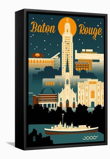 Baton Rouge, Louisiana - Retro Skyline-Lantern Press-Framed Stretched Canvas