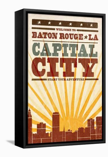 Baton Rouge, Louisiana - Skyline and Sunburst Screenprint Style-Lantern Press-Framed Stretched Canvas