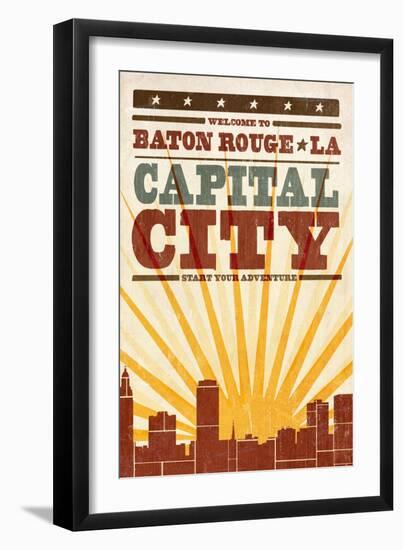 Baton Rouge, Louisiana - Skyline and Sunburst Screenprint Style-Lantern Press-Framed Art Print