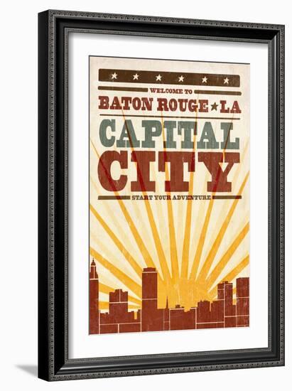 Baton Rouge, Louisiana - Skyline and Sunburst Screenprint Style-Lantern Press-Framed Art Print